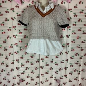 Maeve tan Cable Knit Sweater with White Shirt